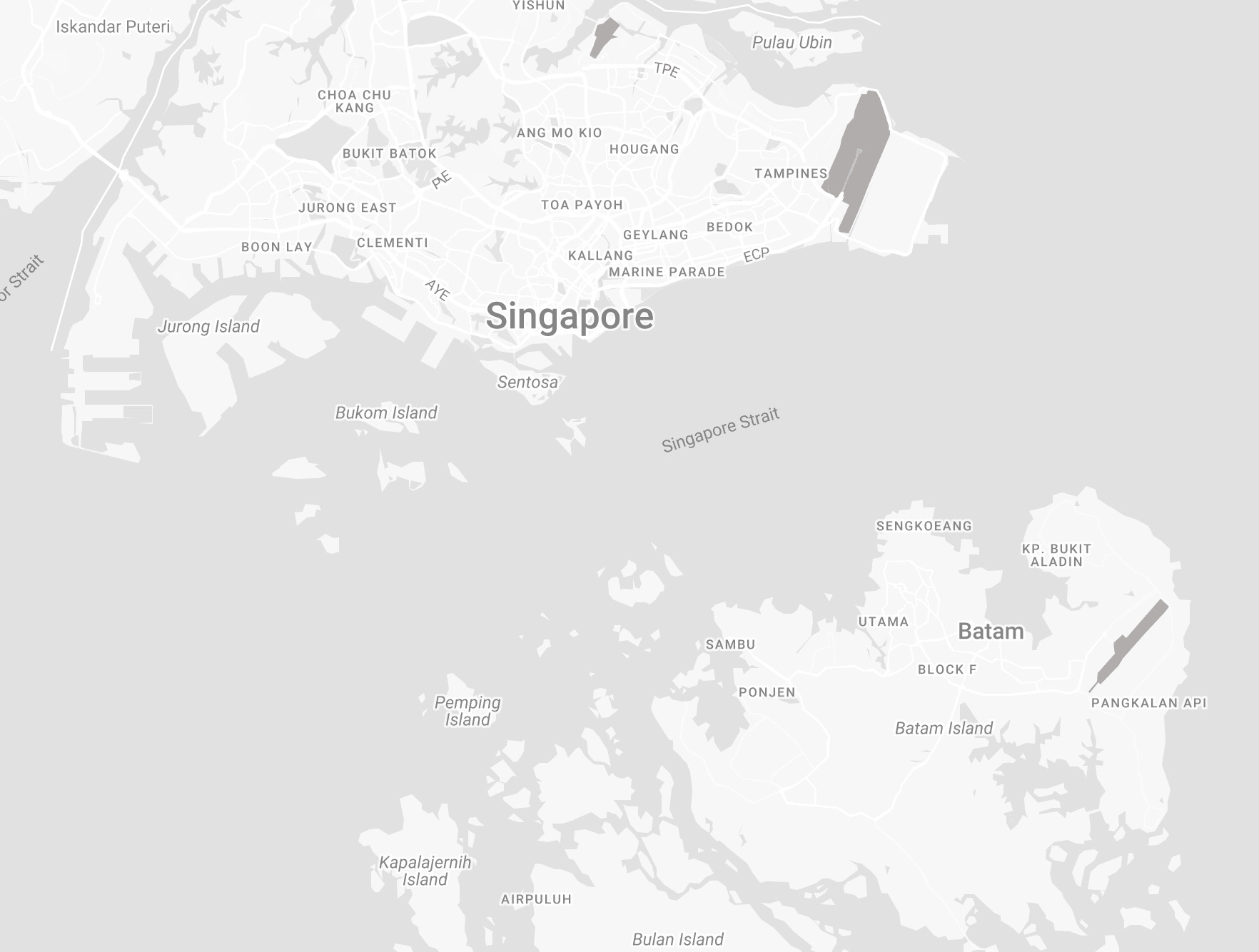 Map of the Singapore and Batam region showing Plaza Nongsa on the northeast tip of Batam